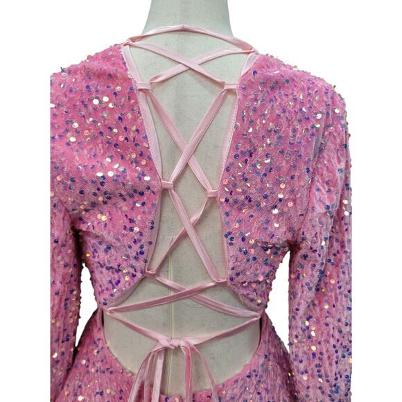 NWT Bubblegum Pink Sequin Short Dress Long Sleeves Open Corset Back - Picture 6 of 10